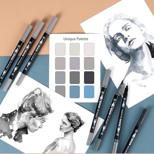 Gray Duo Tip Marker Pens, 12 Fine & Brush Tip Pen For Adult Coloring Books