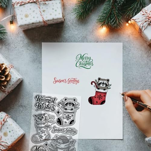 GLOBLELAND Christmas Stocking Animals Clear Stamps for Card Making Owl Raccoon Hedgehog Silicone Clear Stamps Greetings Transparent Stamp Seal for DIY Scrapbooking