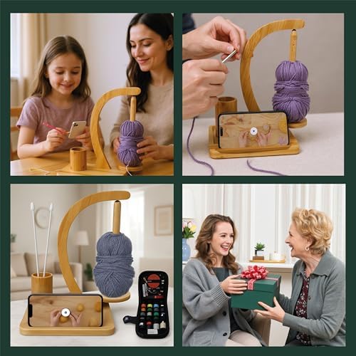 KOMOVAX Wooden Yarn Holder with Sewing Kit & Crochet Ring – Portable Yarn Spinner for Crocheting, Knitting & Yarn Organization – Magnetic Yarn Holder & Yarn Ball Stand – Perfect Gift for Crafters