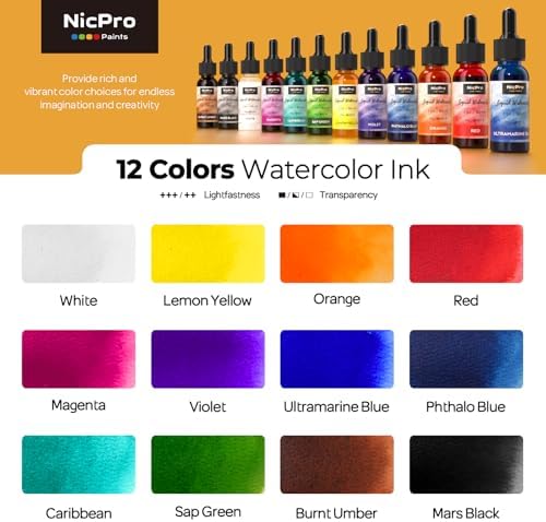 Nicpro 12 Colors Liquid Watercolor Paint Set 30ml (1oz) Ink Dropper Bottles
