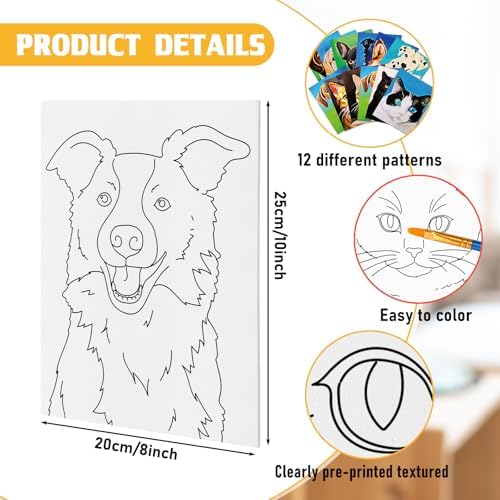 Tinlade 12 Pcs Pre Drawn Canvas for Painting Stretched,Cats and Dogs