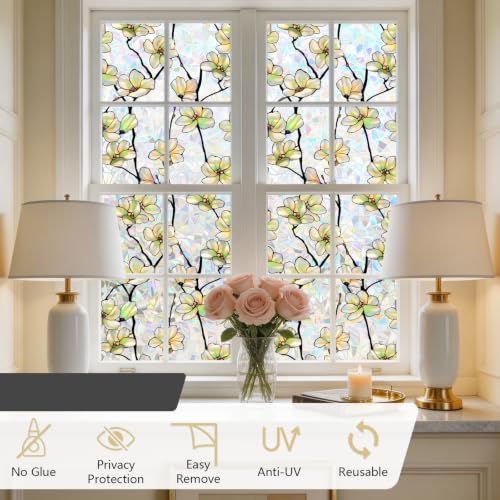 Kromapolis Window Privacy Film,Stained Glass Magnolia Floral 29.5″ x 78.7″