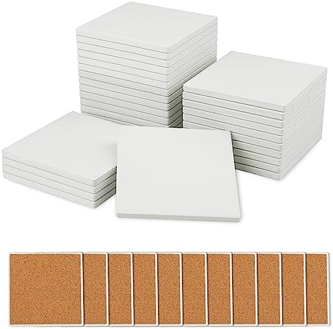 30 Pieces 4 Inch Blank Ceramic Coasters, Unglazed Ceramic Tiles Coasters, Ceramic Tiles with Cork Backing Pads for Painting, DIY Crafts, Mosaics, Square, White.by GNIEMCKIN.