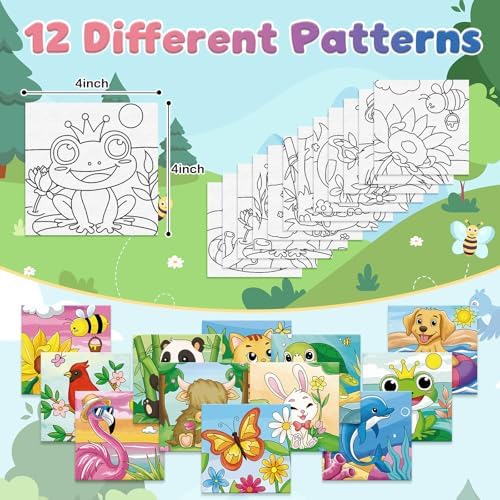 Anseal 12 Packs Pre Drawn Canvas to Paint, 4" X 4" Animal Pre-Printed Canvas Paint Party, Stretched Outline Painting Boards for Beginners, Party Favor