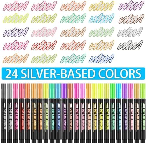 Shimmer Markers Double Line Outline Markers, 24 Color Squiggles Set for Drawing, Art School Supplies, Cards Lettering, Gift for 4-12 Year Old Girl