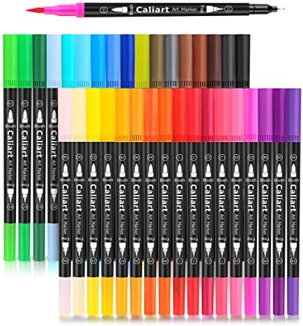 Caliart 34 Double Tip Brush Pens Art Markers for Adult Coloring Books | Artist Fine & Brush Coloring Markers for Journaling Calligraphy Hand Lettering Drawing Teacher Office Art Supplies