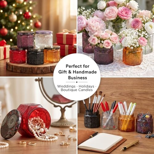 12 Pack 4oz Glass Candle Jars with Lids, Hexagon Embossed Candle Making Containers, Empty Candle Jars with 20 Wicks & Labels for DIY Candle Making, Party Favors, Home Decor
