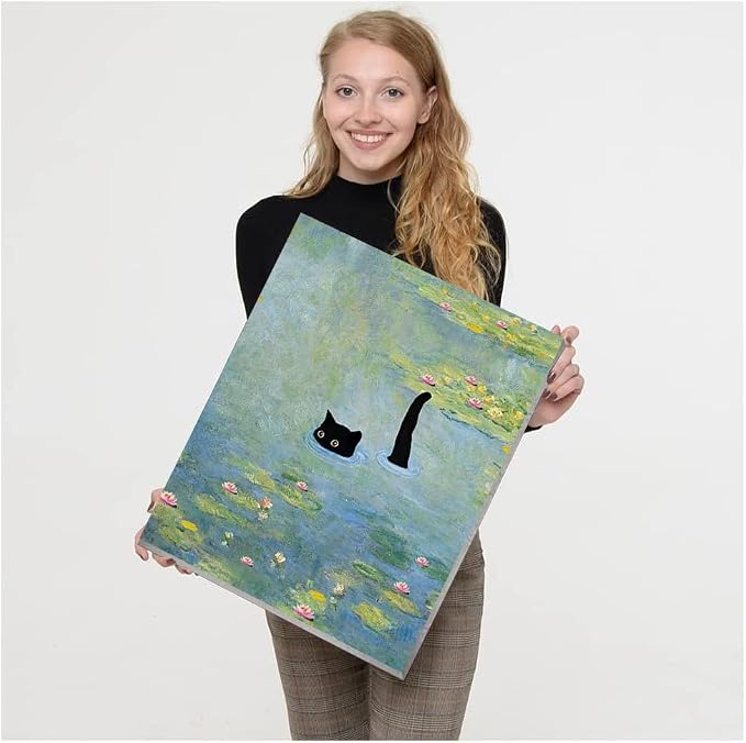 VIGEGU Black Cat Pond Paint by Numbers Kit for Adults with Framed | Paint by Number with Wooden Easel DIY Nice Box Acrylic Oil Painting,for Wall Decor 8x12inch