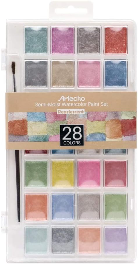 Artecho 28 Metallic Watercolor Paint Set | Glitter Colors, Semi-Moist Pearlescent Watercolor, Non-Toxic, for Beginners & Artists