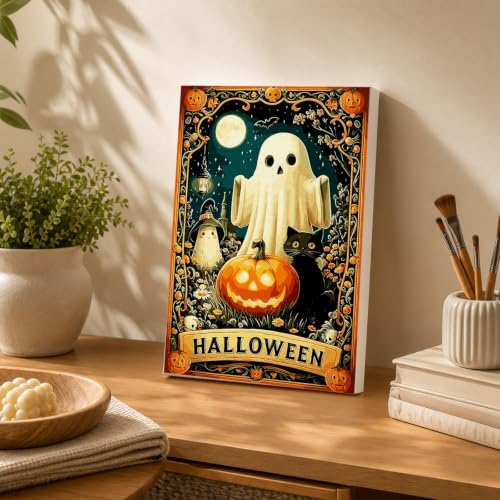 Spandrel Cute Halloween Ghost Paint by Number Kits for Adults, Black Cat Paint by Number Kits on Canvas, DIY Acrylic Oil Halloween Painting by Numbers Gitfs for Home Wall Decor, 8x12in