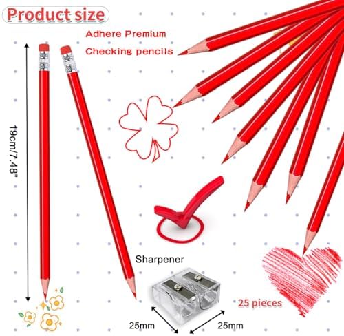Adhere 25pcs Checking Pencils Erasable colored Pencils Pre-Sharpened #2 HB,for Checking Tests Grading,Map Coloring, editing Office Favors,including a Free sharpener. (Red)