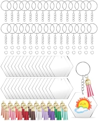 YETOOME Acrylic Hexagon Keychain Blanks, 120 Pcs Clear Hexagon Keychains Kit with Acrylic Blanks, Key Rings, Tassels and Jump Rings for DIY Keychain Vinyl Crafting
