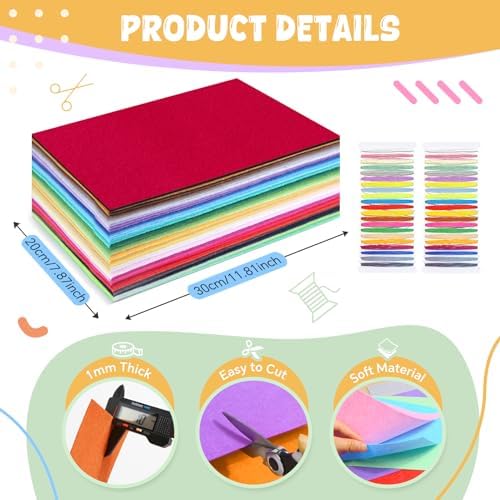 moinkerin 50Pcs Felt Sheets for Crafts with Thread 8"x12" Felt Fabric Sheets Assorted Colors 1mm Stiff Felt for Crafting DIY Handwork Sewing Patchwork (50 Colors)