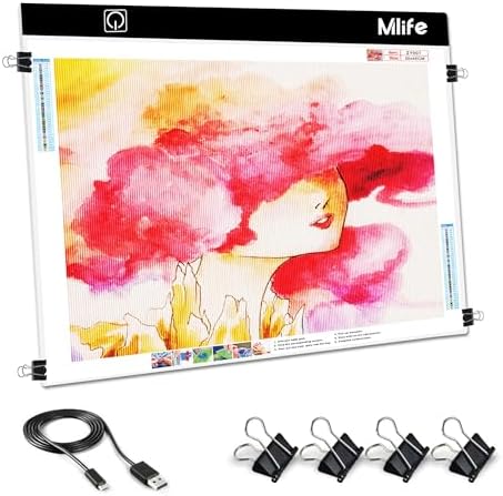 Mlife A2 LED Light Pad for Diamond Art Painting Light Board with 3 Brightness, Tracing Light Board with USB Cable & 4 Fasten Clips for Sketching, Animation, Drawing, Diamond Art Painting Supplies