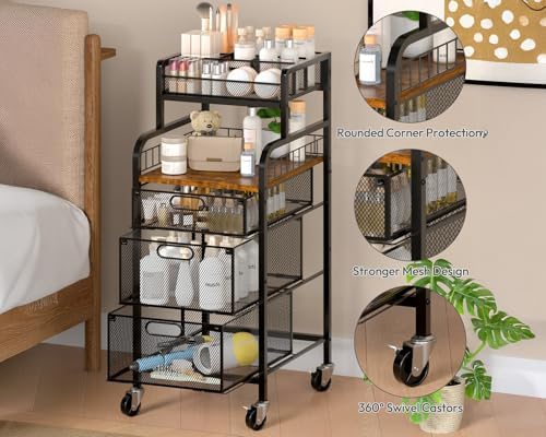 SWTYMIKI Rolling Cart with Drawers - Metal Craft Cart with Wheels, DIY Divider and Wood Shelf, Art Supply Organizer Craft Organizer and Storage, Utility Storage Cart for Home Office Studio, Espresso