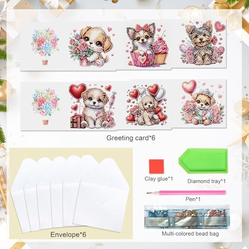 LazyFold 6 Pcs Diamond Art Painting Greeting Cards Kits, DIY Cute Puppy Handmade Festival Greeting Cards with Envelopes Diamond Art Crafts Birthday Cards Creative Valentine's Day Gift