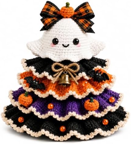 Halloween Crochet Tabletop Decor DIY Kit, Crochet Animal Halloween Tree DIY Craft Kit with Pumpkin Cow Character, Handmade Creative Holiday Craft Set for Adults, Gift for Craft Lovers，Ghost