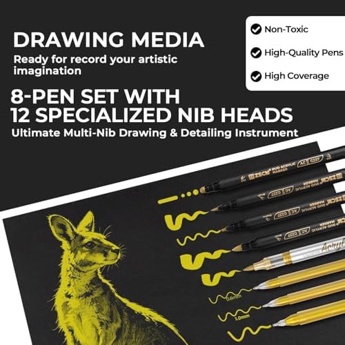 8 Pack Gold Acrylic Ink Pens for Drawing, Fine Point Gold Gel Pens, Brush Tip Markers，Dual-Tip Opaque Acrylic Markers for Black Paper Highlighting Drawing, Sketching, Illustration, Card Making