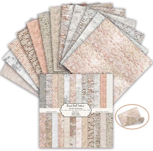 24 Sheets Retro Double Sided Scrapbook Paper, 6x6 Inch Brick Wall Textured Patterned Decorative Materials for Origami Cardstock Collage Junk Journal DIY Craft Wrapping Folded Photo Album