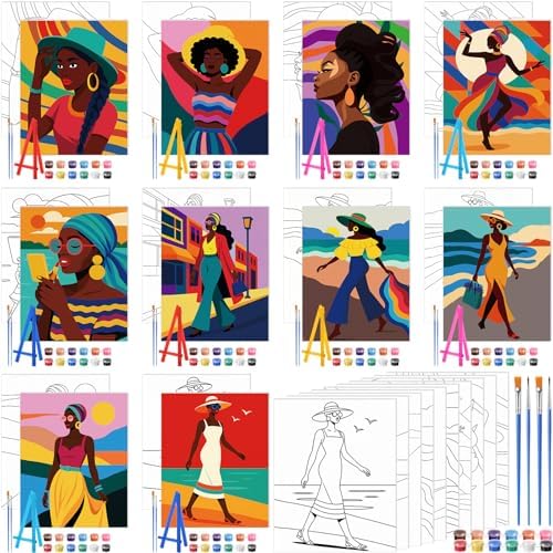 Blosssound 10 Set Pre Printed Canvas Pre Drawn Canvas Painting with Easel Kits 5" x 7" Outline Painting Panels for Beginners, DIY Craft Project, Party Favor, Home Decors(Modern Lady)