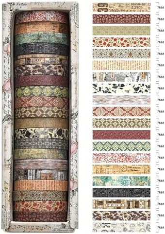 20 Rolls Skinny Vintage Washi Tape Set Retro Arts Adhesive Tapes Basic Patterns Decorative Masking Tape Sets for Craft, Kids, Scrapbook, DIY, Gift Wrapping (Through the Years)