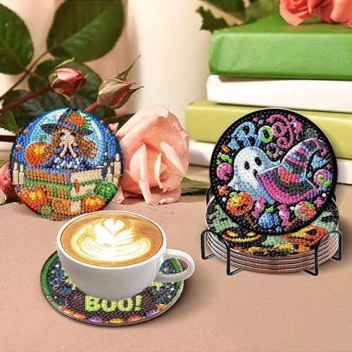 8 Pcs Diamond Art Coasters Kits for Adults,Halloween Diamond Painting Coaster Kits with Holder,Gem Art Paintings Crafts Supplies for Home Decor
