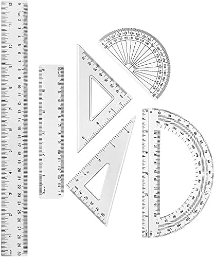 Tenare 6 Pcs Math Geometry Ruler Set, Protractor Triangle School,Clear