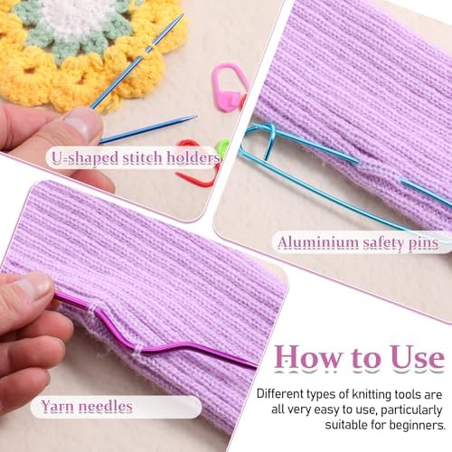 19 Pcs Knitting Needles, Knitting Stitch Holders and Cable Needles Set, Aluminum Needle, Yarn Stitch Holders, Versatile Knitting-Crochet Hook, Sewing Crocheting Supplies Accessories (Multi-Color)