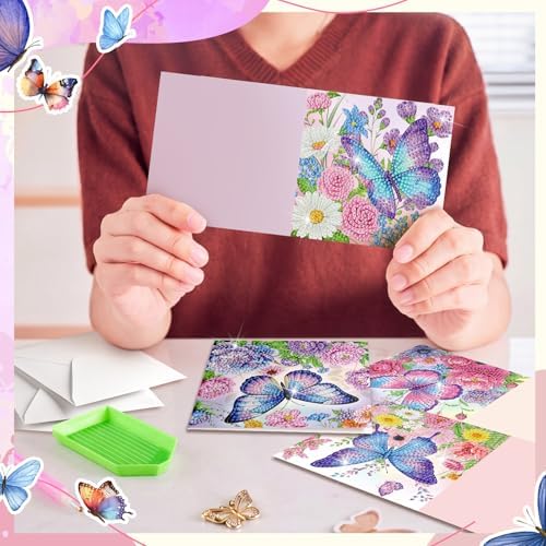 Saillong 12 Pack Butterfly Diamond Painting Greeting Card Kits Summer Diamond Art Cards with Envelopes Purple Butterfly Flowers 5D Rhinestones Painting Kits for Adults DIY Crafts Family Friend Gifts