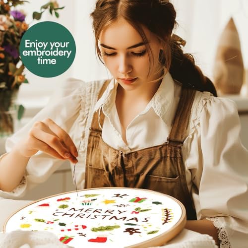 wtisan Christmas Embroidery Kit, Cross Stitch Kits for Beginners, Needlepoint with All Tools & Instructions, Stamped Hand Embroidery Starter Kit for Holiday Crafts & Xmas Home Decor, W12