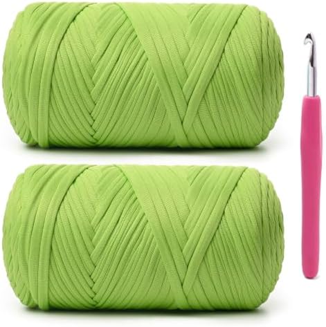 2 Pack Soft Tshirt Crochet Yarn, 800g/228yds High Elastic Hand Knitting Yarns, Thick T Shirt Yarn for Crocheting Bags, Baskets, Cushions, DIY Crafts(2 Green Apple)
