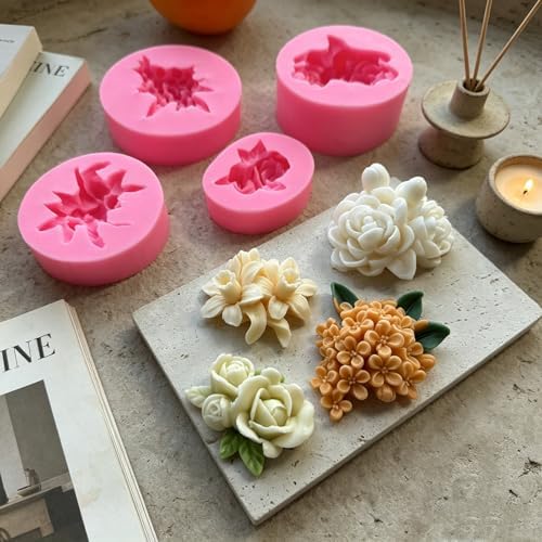 4 Pcs Flower Silicone Molds, Flower Candle Molds for Candle Making,3D Floral Silicone Resin Mold Rose Gardenia Fondant Mold for Chocolate Cake Decorating Soap Wax Resin Crafts