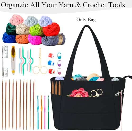 Crochet Bag for Yarn Storage, Puffer Knitting Bag with Soft Handles, Lightweight Yarn Storage Organizer with Zipper for Crochet Accessories, Gifts for Crocheters (Black)