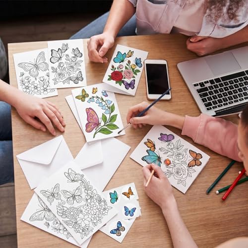 Gueevin 24pcs Butterfly Coloring Greeting Cards with Envelopes and Stickers Butterfly Color Your Own Postcards 4 x 6 Flower Thank You Note Cards for Adults Wedding Birthday Gifting DIY Crafts Mailing