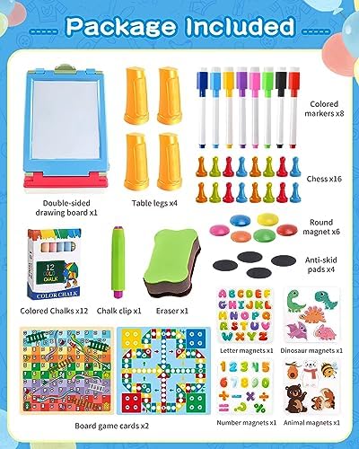 Elovien Easel for Kids, 4 in 1 Double Sided Art Easel with Chalkboard & Magnetic Whiteboard, Foldable Kids Tabletop Easel with Drawing & Writing Accessories - Gift for Boys and Girls (Blue)