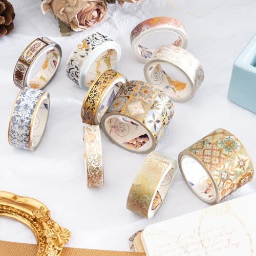 Van Gogh Washi Tape, 10 Rolls Vintage Watercolor Washi Masking Tape Set with Gold Foil, Decorative Tape for Bullet Journal, DIY Craft, Scrapbook Supplies