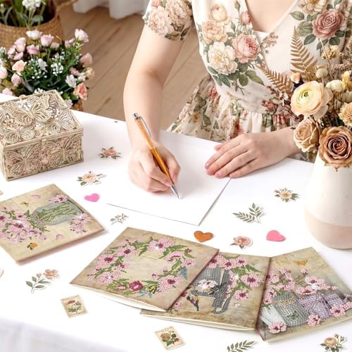 Saillong 12 Pack Vintage Floral Diamond Painting Greeting Card Kits Retro French Flower Diamond Art Cards with Envelopes Pink Flowers 5D Rhinestones Painting Kit for Adult DIY Craft Family Friend Gift
