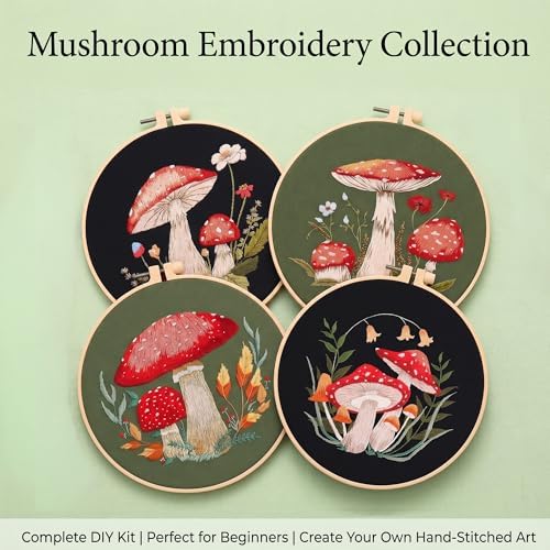 Harimau Adult Beginner Embroidery Starter Kit, Complete Set with 4 Patterns, 2 Hoops, Needles, Scissors, Instruction Guide & Stitching Video Tutorials