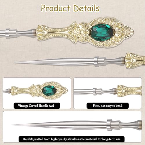 2Pcs Metal Embroidery Awl Set, European Vintage Carved Handle Scratch Awl, Sharp Sewing Awl Tool for Sewing with Storage Cases, Durable and Leather Punch Stitching DIY Craft(Light Gold)
