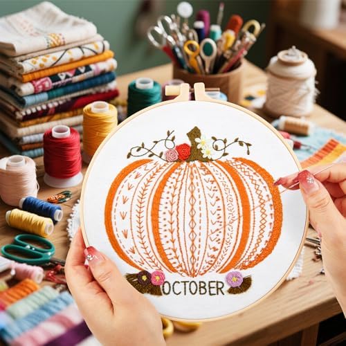 Easy Beginners Embroidery Stitches Practice Kits for Adults, Fall Pumpkin Embroidery Starters Kits for Beginners to Learn 26 Stitches, Autumn Hand Embroidery Set Craft for Women & Video Tutorial