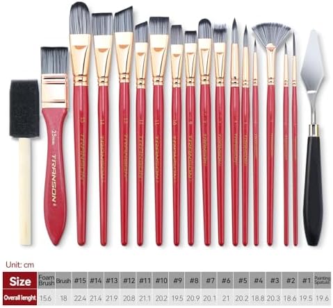 Transon 20Pcs Art Paint Brush Kit with Storage Case, 16 Brushes + Foam Brush Spatula Sponge for Acrylic Oil Watercolor Gouache, Adults Teens Beginners Art Supplies