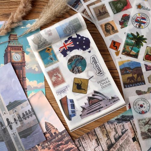 Scrapbook Stickers - 300 Pre-Cut Washi Stickers & 20 Scrapbook Papers for Travel Journaling