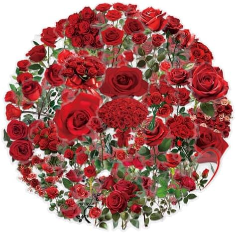60 Pieces Red Rose Stickers Aesthetic PET Transparent Sticker, Self-Adhesive Scrapbooking Stickers Supplies Journal Stuffers for Adult Card Making Letters DIY (Rose)
