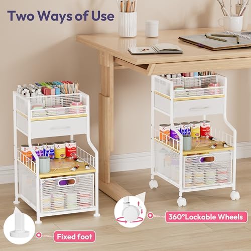 SWTYMIKI Under Desk Storage Cart- Art Storage Cart with Drawers & DIY Divider - Office Cart Organizer Under Desk Shelf, Craft Rolling Cart for Office, Craft Room & Studio White