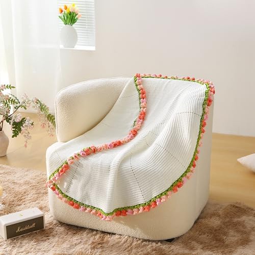 Crochet Flower Blanket Kit for Beginners, 40'' Lily of The Valley Bouquet, Blanket Shawl Throw Kits for Adults, How to Knitting with Yarn, Home Decor Gifts for Crocheters (White-Pink Lily)
