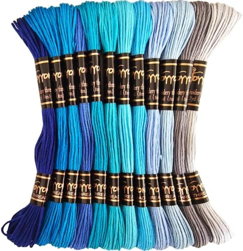 12 Skeins Embroidery Thread, 12 Colors Embroidery Floss Set, Cross-Stitch Threads for Hand Embroidery, String Art（Blue Series）