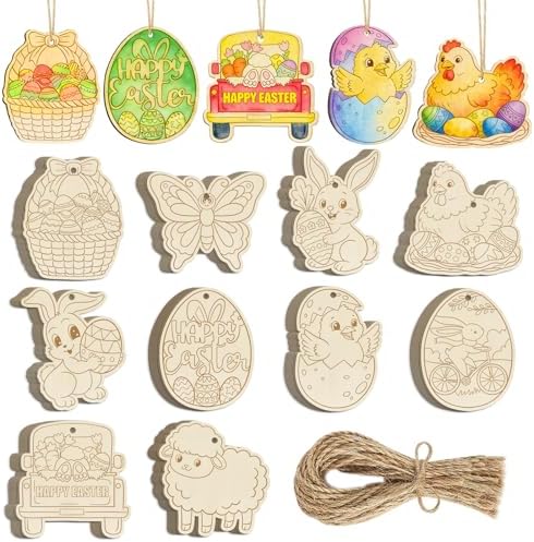 80PCS Wooden Easter Ornaments to Paint, 10 Styles DIY Blank Unfinished Wood Egg Cutouts Ornament for Crafts Hanging Decorations Happy Easter Hallow Egg Rabbit Bunny Butterfly Flower Hen