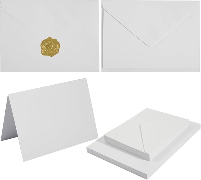 50 Pack White A6 Envelopes with Cards and Gold Stickers, 4x6