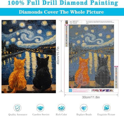 RYMILIE Cat Diamond Art Kits for Adults Diamond Painting Kit 12x16in | 5D Starry Night Diamond Art Painting Kit for Beginners, DIY Full Round Drill Cat Gem Art Crafts for Home Wall Decor Gift