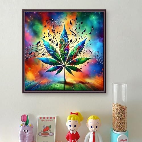ckdiluy Trippy Leaves Diamond Art Kits for Adults Beginners, 5D DIY Music Notes Diamond Painting Kits, Full Round Drill Diamonds Dots Gem Art Crystal, Home Wall Decor 13.8X13.8 Inch